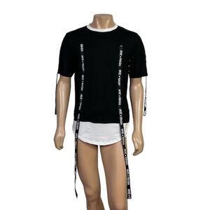 Hanguoyiguan Black & White 6 Strap Logo Taping Short Sleeve Men's T-Shirt Size S